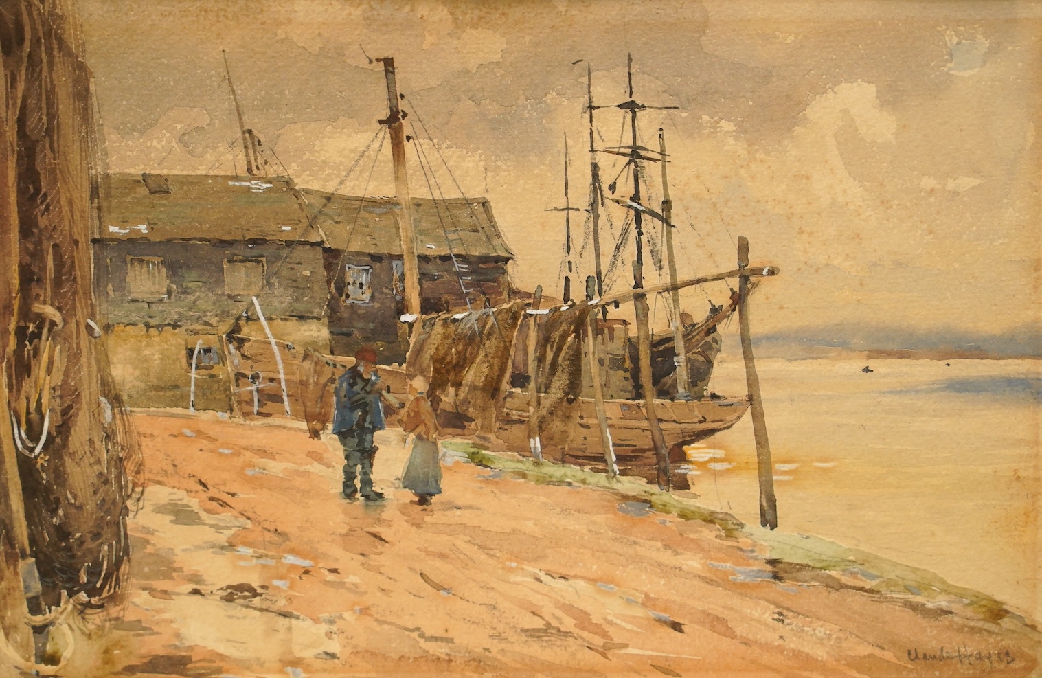 Claude Hayes (1852-1922), two watercolours, Town scene with church and Harbour scene, each signed, largest 16 x 26cm. Condition - poor to fair, discolouration to the paper